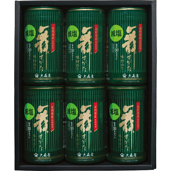 商品説明当社味付のり標準調味液と比べ塩分30%カット。有明海産原料を使用した風味と口どけの良い味付のりをお届けします。保存に便利な卓上タイプです。●有明海産減塩味付のり(10切32枚)×6ITEM INFORMATIONJAN4901191390658アレルギー表示特定原材料小麦特定原材料に準ずるもの大豆