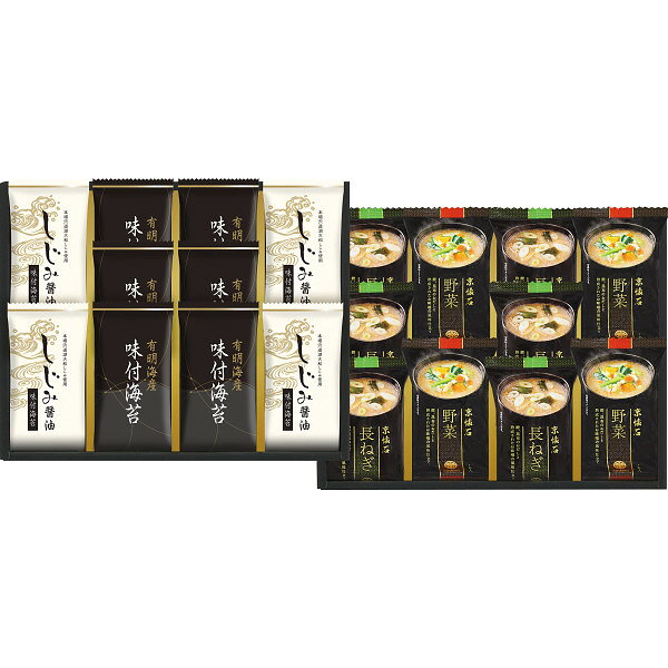 商品説明味付海苔と手軽でうれしいフリーズドライみそ汁のセットです。●有明海産味付海苔(8切8枚)・マルコメ京懐石長ねぎのおみそ汁15.7g×各6、しじみ醤油味付海苔(8切8枚)・マルコメ京懐石野菜のおみそ汁17.4g×各4ITEM INFORMATIONJAN4974685646500アレルギー表示特定原材料小麦特定原材料に準ずるもの大豆