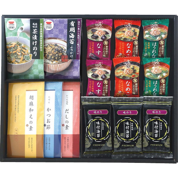 商品説明お手軽に和膳をお楽しみいただけるようお茶漬けや味噌汁などをバラエティに詰め合わせました。●抹茶入のり茶漬け(5.6g×2)×1、有明海苔ふりかけ(4g×2)×1、胡麻和えの素(4g×2)×1、かつお風味だしの素(4g×3)×1、かつお節(1.5g×2)×1、フリーズドライ即席味噌汁(なす7.4g・なめこ5.9g・ほうれん草7.5g)×各2、有明海産味付海苔(8切×5枚)×3ITEM INFORMATIONJAN4535301022070アレルギー表示特定原材料乳、小麦、えび特定原材料に準ずるもの大豆