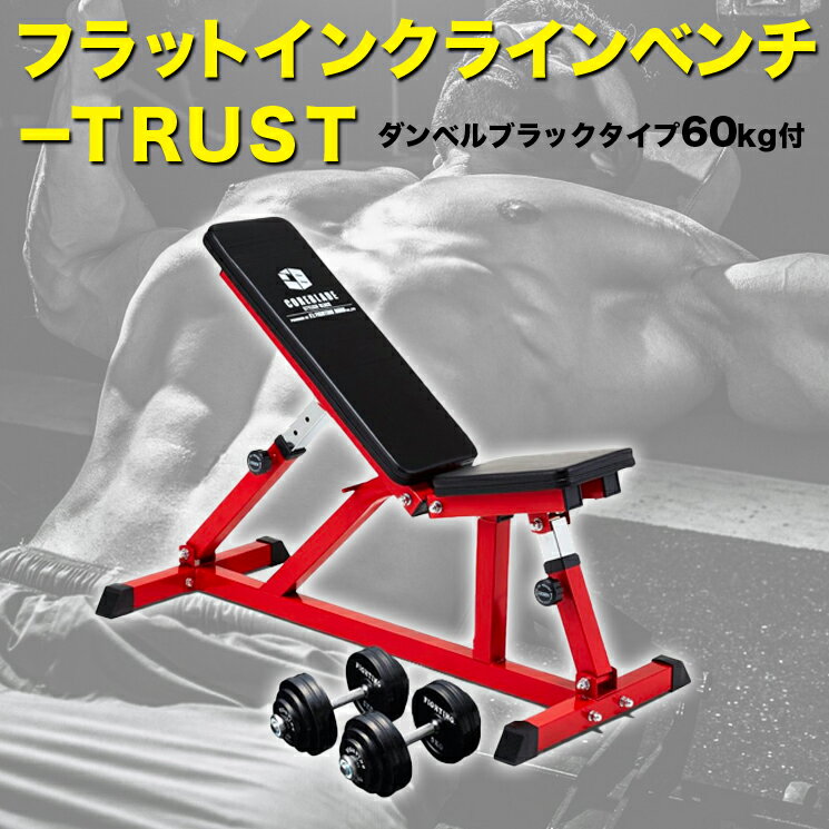 ダンベルラバータイプ60kg付 フラットインクラインベンチ－TRUSTセット トレーニングベンチ トレーニング器具 筋トレ ダンベルトレーニング ベンチプレス 自宅 ホームジム インクラインベンチ