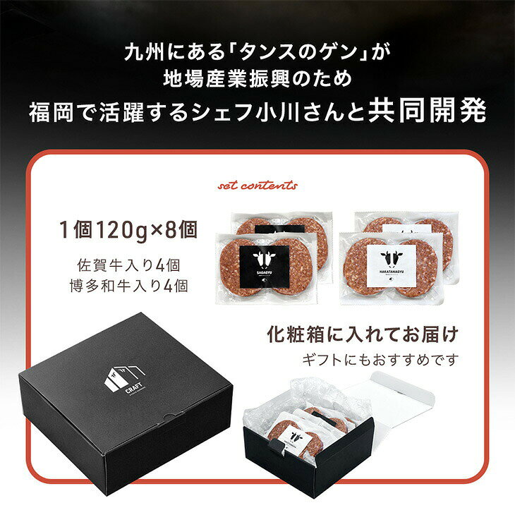 【正午~クーポン5%引】 国産 ハンバーグ 佐賀牛 博多和牛 入り 120g 食べ比べ 8個セット CRAFT 冷凍 無添加 冷凍ハンバーグ 生 タネ 和牛 合挽 詰め合わせ セット 小分け 和風 美味しい お祝い ギフト 誕生日 贈答用 母の日 父の日 お中元 残暑見舞い 敬老の日 2