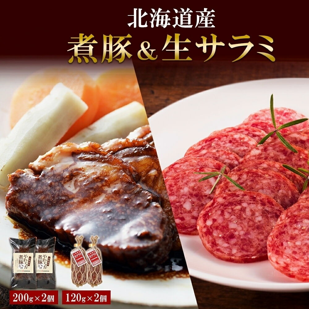 【ふるさと納税】 煮豚 生サラミ 北海道産 200g 120g 各2個 セット サラミ 角煮 豚 角煮 豚肉 ロース ポーク 煮物 おかず おつまみ ギフト 冷蔵 バルナバハム バルナバフーズ 北海道 札幌市のサムネイル