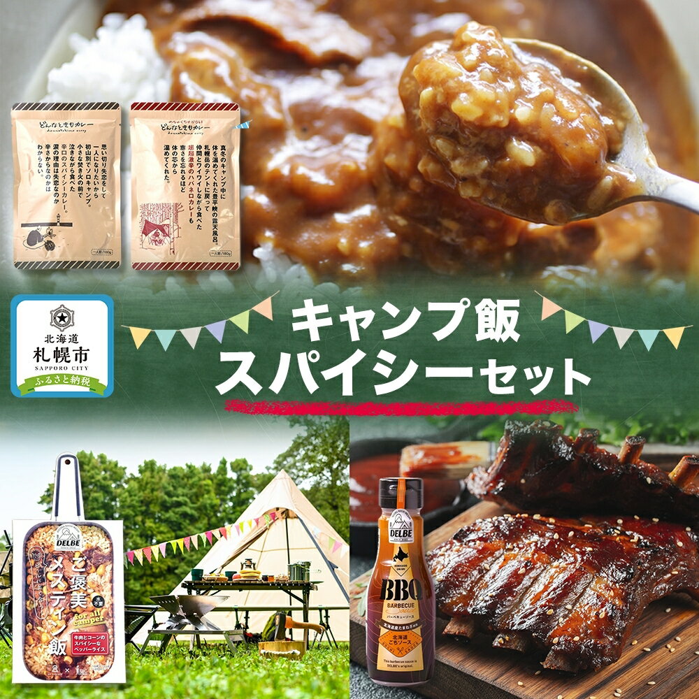 キャンプ飯スパイシーセット 4種 計4個 ご褒美メスティン飯 牛肉とコーンのスパイシーなペッパーライス どんなときもカレー スパイシー味 ハバネロ味 BBQソース ギフト 送料無料 北海道 札幌市