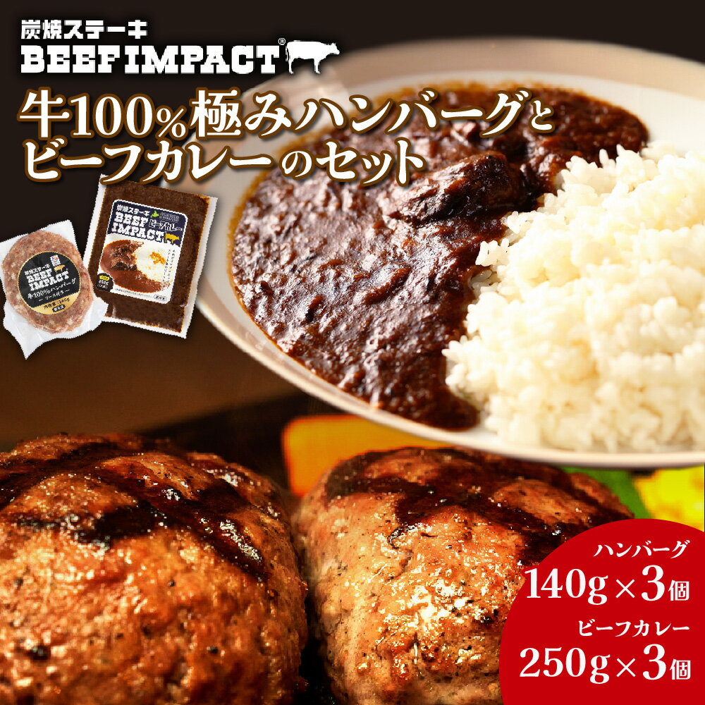 炭焼ステーキBEEF IMPACT 牛100%極みハンバーグ(140g×3個)とビーフカレー(250g×3個)のセット