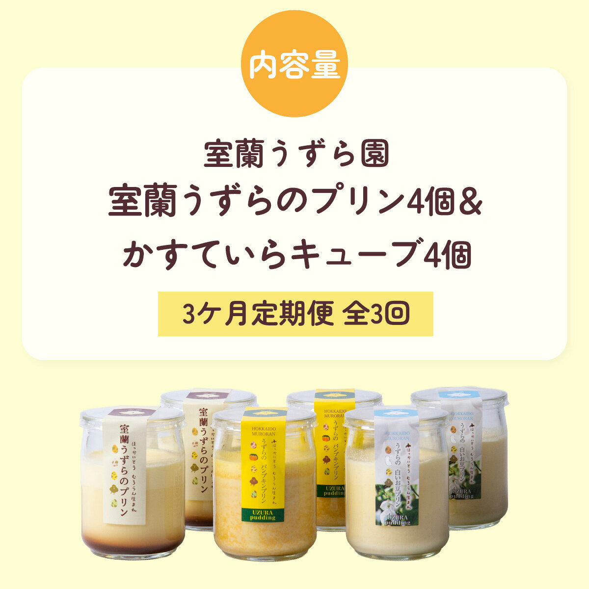 【ふるさと納税】≪3ヶ月定期便≫うずらのプリン3種（うずらのプリン・パンプキン・白いお豆）×各2個 【 ふるさと納税 人気 おすすめ ランキング 室蘭 定期便 うずらん たまご 卵 プリン スイーツ 濃厚 洋菓子 和菓子 セット 詰合せ 北海道 室蘭市 送料無料 】 MROF008