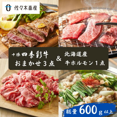 [総量600g以上]十勝四季彩牛(お任せ3点)&北海道産牛ホルモン 詰め合わせセット[配送不可地域:離島]