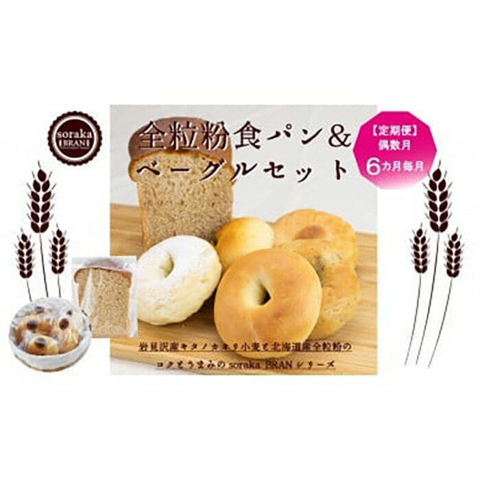 【ふるさと納税】【定期便6】偶数月に届く、全粒粉100%食パン&キタノカオリ小麦ベーグル5個詰め合わせ【24014】