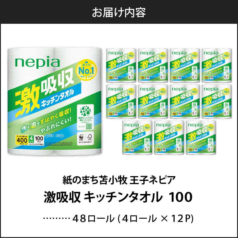 【ふるさと納税】【A012】紙のまち苫小牧 王子ネピア 激吸収 キッチンタオル 100 （48ロール） ネピア キッチンペーパー キッチン タオル ミシン目 厚手 nepia 吸収力 吸水 ペーパータオル 日用品 消耗品 まとめ買い 苫小牧 苫小牧市 北海道 送料無料