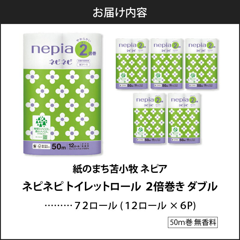 【ふるさと納税】【A031】紙のまち苫小牧 ネピネピ トイレットロール 12ロール 2倍巻き ダブル 50m 6パック ネピア トイレットペーパー ソフト ダブルロール 無香料 フレッシュパルプ100％製品 nepia 日用品 消耗品 まとめ買い 苫小牧市 北海道 送料無料