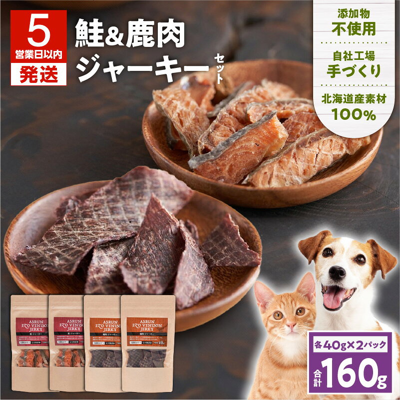 【5営業日以内に発送】 アスランエゾベニソン ジャーキー 鮭 鹿肉 160g 40g 各種2個 セット 犬 猫 おやつ ドッグ キャット フード 鹿 肉 鮭 無添加 添加物不使用 乾物 アスランファクトリー 北海道 苫小牧市 おすすめ ランキング プレゼント ギフト