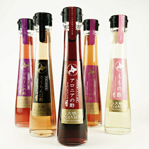 【ふるさと納税】フルーツ酢 5種セット ( さくらんぼ ・ プラム ・ プルーン ・ 桃 ・ アロニア ) 北海道 芦別市 大橋さくらんぼ園　【酢 お酢 フルーツ さくらんぼ プラム プルーン 桃 アロニア セット 詰め合わせ 】のサムネイル