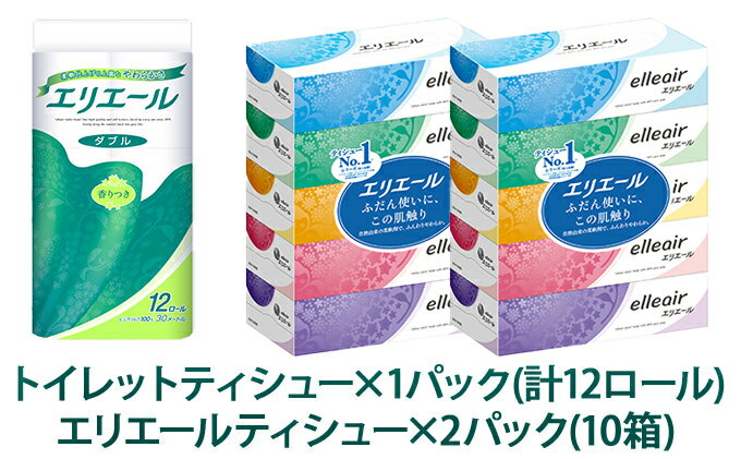 【ふるさと納税】エリエール≪ 2種1箱入・ コンパクトなセット B≫トイレットティシュー12R（ダブル30m）12ロール×1パックとエリエールティシュー180組5箱×2パック（計10箱）　【雑貨 日用品 トイレ用品 ふるさと納税 消耗品 エリエール】