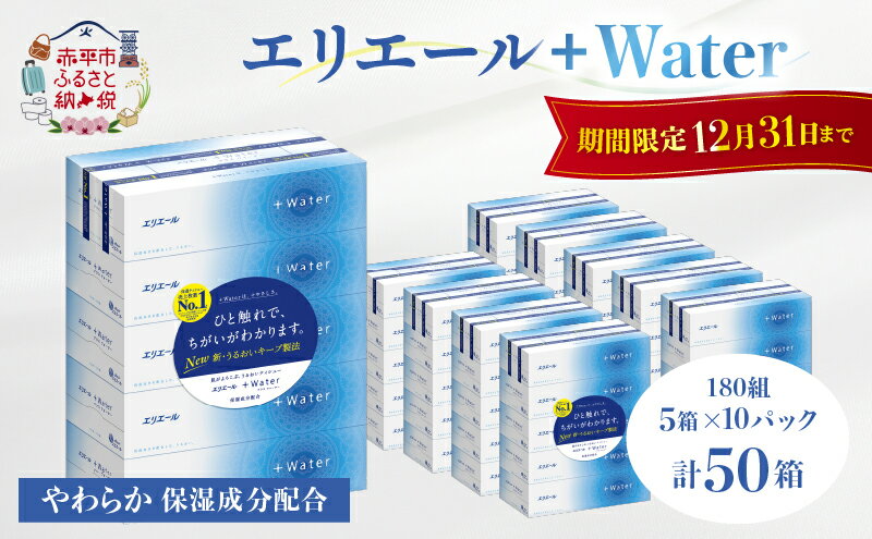 【ふるさと納税】エリエール ＋Water 180組 5箱×10パック（計50箱） ティッシュペーパー 箱 やわらか 保湿成分配合 ボックスティシュー 日用品 消耗品　【赤平市】