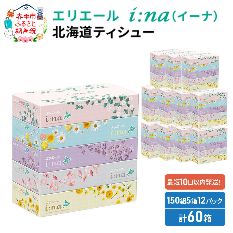 エリエール 箱ティッシュ 150組 5箱×12パック 計60箱 i:na イーナ ティッシュペーパー 最短 10日以内 ボックスティシュー 日用品 消耗品 [赤平市]