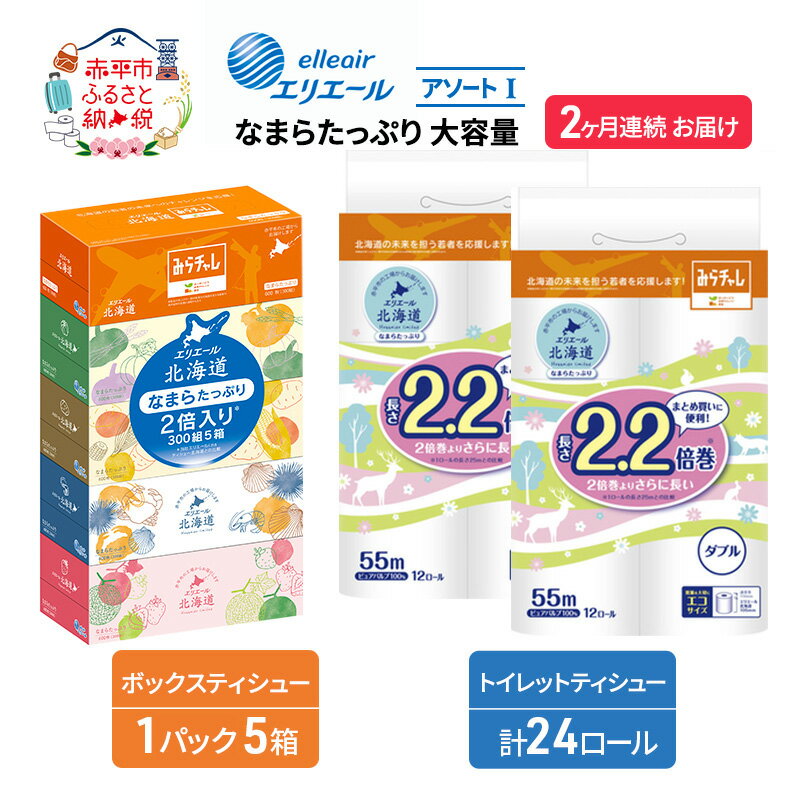 定期便 2ヵ月連続お届け エリエール [アソートI] なまらたっぷり 大容量 トイレットペーパー ティッシュ トイレ ボックスティッシュ 防災 ひとり暮らし 紙 常備品 備蓄品 消耗品 日用品 生活必需品 送料無料 赤平市 雑貨