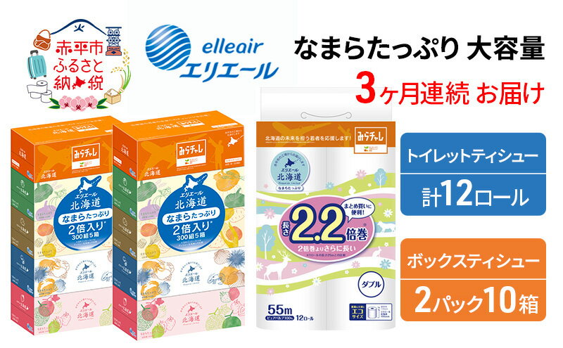 【ふるさと納税】【3ヶ月連続お届け】エリエール [アソートJ] なまらたっぷり 大容量 トイレットペーパー ティッシュ トイレ ボックスティッシュ 日用品 消耗品　【定期便・ 生活必需品 ティッシュ やわらかな肌触り 】