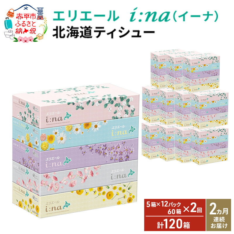 【ふるさと納税】2ヵ月連続お届け 計120箱 エリエール i:na (イーナ) 北海道 ティシュー 150組5箱 12パック ティッシュペーパー 箱ティッシュ まとめ買い 防災 常備品 備蓄品 消耗品 日用品 生活必需品 送料無料 赤平市 お届け:2026年3月31日まで
