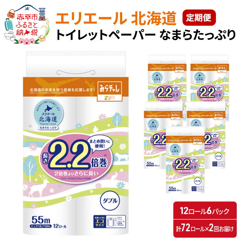 【ふるさと納税】【2回お届け・計144ロール】エリエール 北海道 トイレットペーパー なまらたっぷり2.2倍巻（ダブル55m） 大容量 日用品 トイレ 消耗品　【定期便・ 日用品 まとめ買い 長持ち ダブル エコサイズ やわらかな肌触り 】