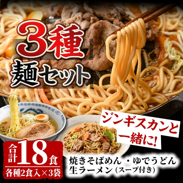 ジンギスカンのお供に!やきそばめん、ゆでうどん、生ラーメンセット (各6食・計18食分) 焼きそば ヤキソバ うどん ラーメン 拉麺 麺 麺類 小麦 スープ 醤油 味噌 塩[日の出食品]