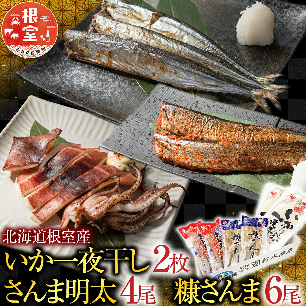 [北海道根室産]根室海鮮市場＜直送＞いか一夜干し2枚・さんま明太4尾・糠さんま6尾 A-28260