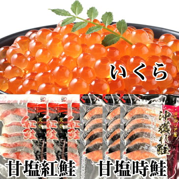 【ふるさと納税】甘塩紅鮭5切×10P、甘塩時鮭5切×10P、いくら醤油漬け100g×5Pセット E-36002