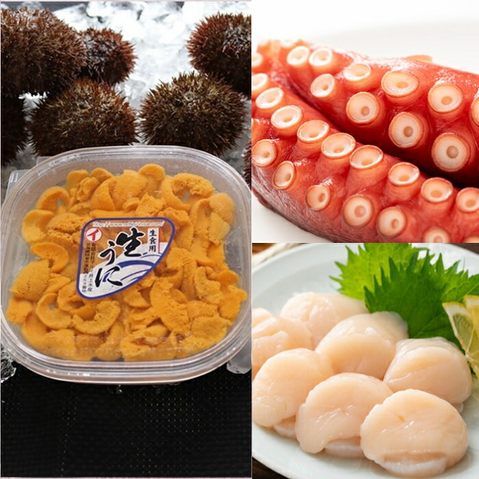 エゾバフンウニ塩水パック150g×1P、お刺身ホタテ貝柱500g×1P、たこ足1.2〜1.7kg(小分けカット済)