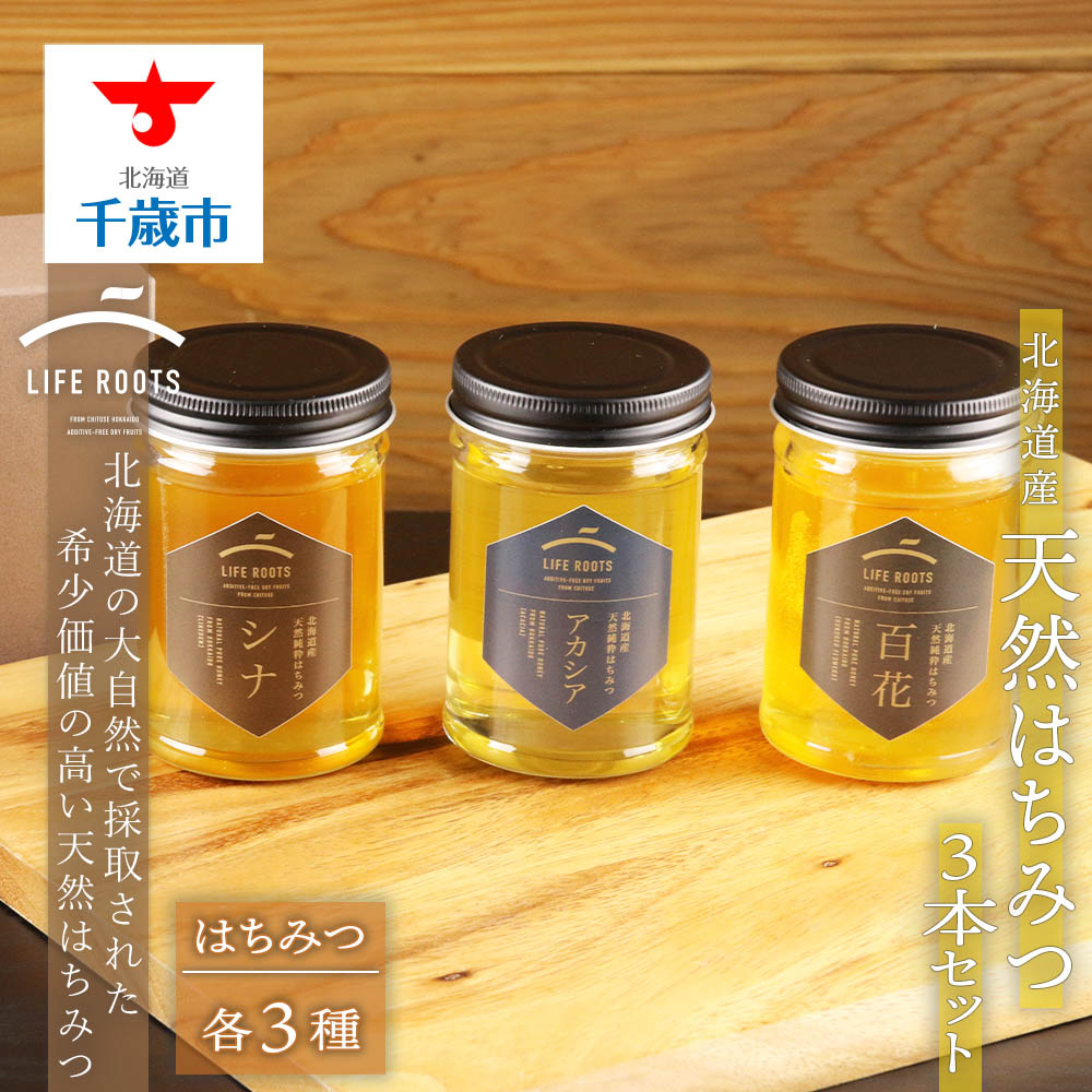 【ふるさと納税】 《北海道産》天然はちみつ3本セット 天然 ハチミツ 蜂蜜 アカシア シナ 百花 純はちみつ【北海道千歳市】ギフト ふるさと納税のサムネイル