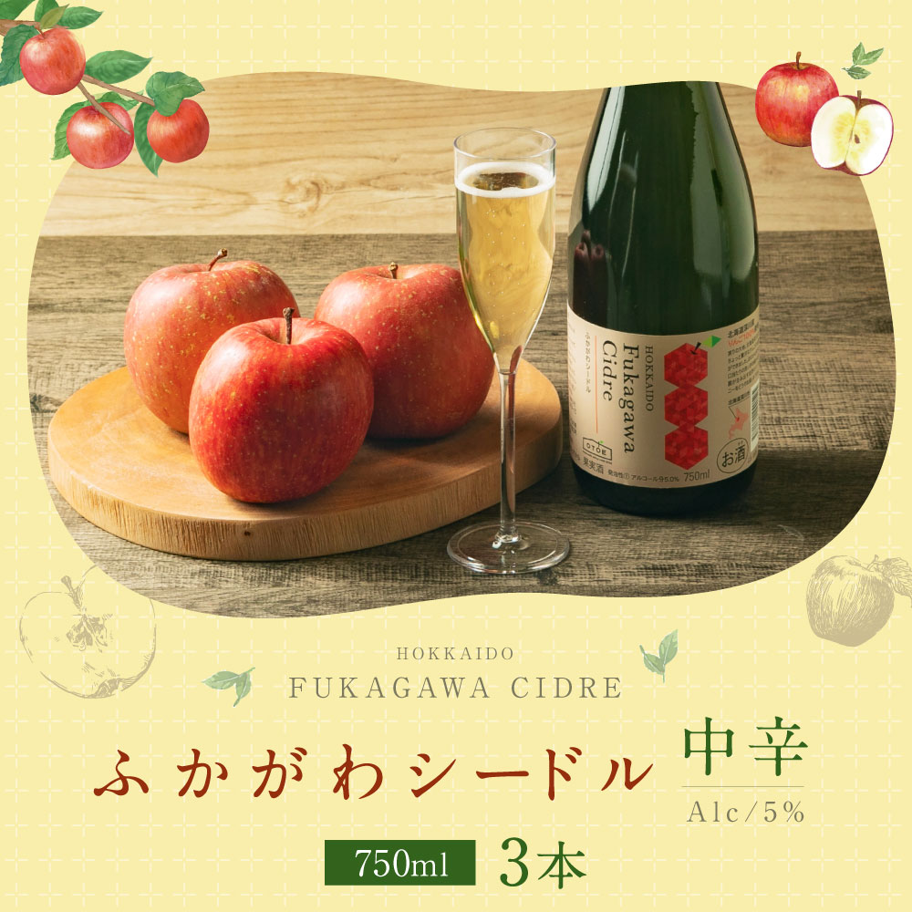 【ふるさと納税】深川産 りんご使用 果実酒 ふかがわシードル＜中口＞ 750ml×3本セット りんご100％ 完熟りんご シードル スパークリング 果実酒 お酒 酒 飲み物 お取り寄せ ご当地 送料無料 北海道 深川市