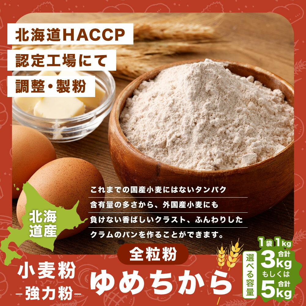 【ふるさと納税】北海道産 ゆめちから全粒粉【強力粉】合計 3kg または 5kg 1kg×3袋 1kg×5袋 11000円 ～ 13000円 1万1000円 ～ 1万3000円 国産 小麦粉 強力粉 強力小麦粉 パン パン作り パン生地 製パン材料 製パン 中華麺 生パスタ 麺作り 製麺 北海道 深川市 送料無料
