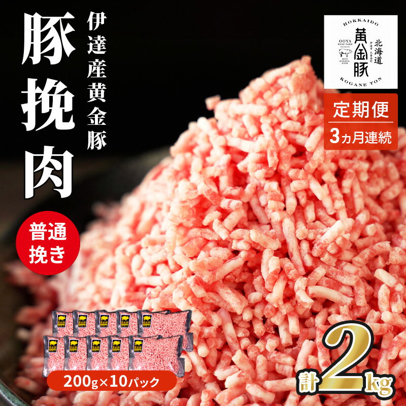 北海道 定期便 3ヵ月連続3回 豚ひき肉 普通挽き 200g 11パック 伊達産 黄金豚 三元豚 ミンチ 挽肉 お肉 小分け ハンバーグ 餃子 そぼろ 大矢 オオヤミート 冷凍 送料無料 [定期便・ 伊達市 ]