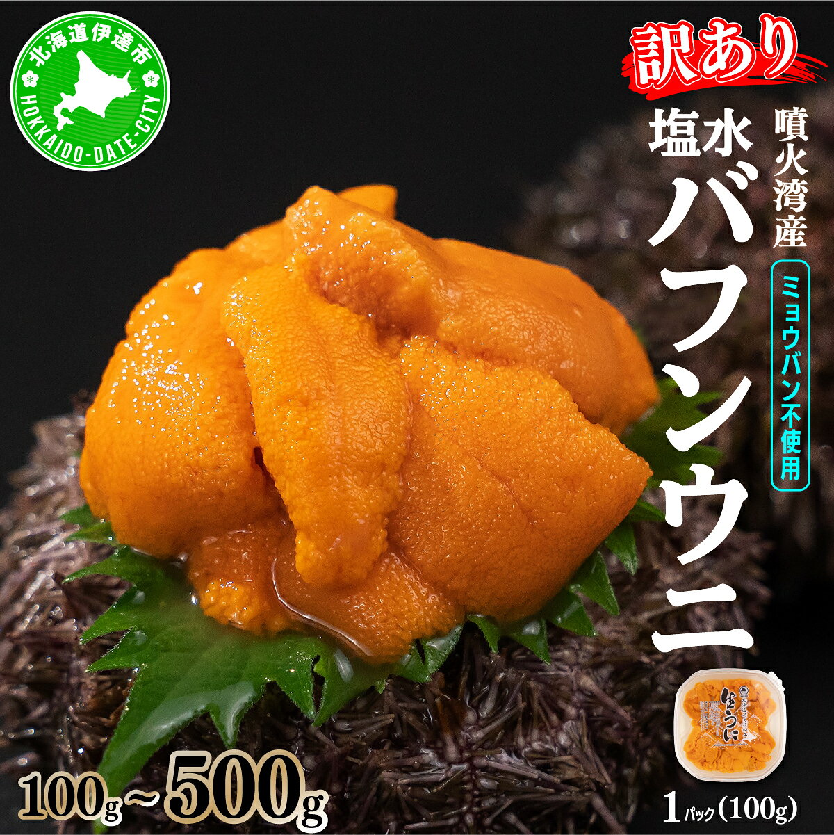 訳あり 100%国産 北海道 噴火湾産 天然 塩水 バフンウニ 100g 〜 500g [アフター保証付き]国産 ミョウバン不使用 うに ウニ 雲丹 海鮮 海産物 魚介 うに丼 寿司 無添加 産地直送 取り寄せ ギフト 北海道産 伊達市 送料無料
