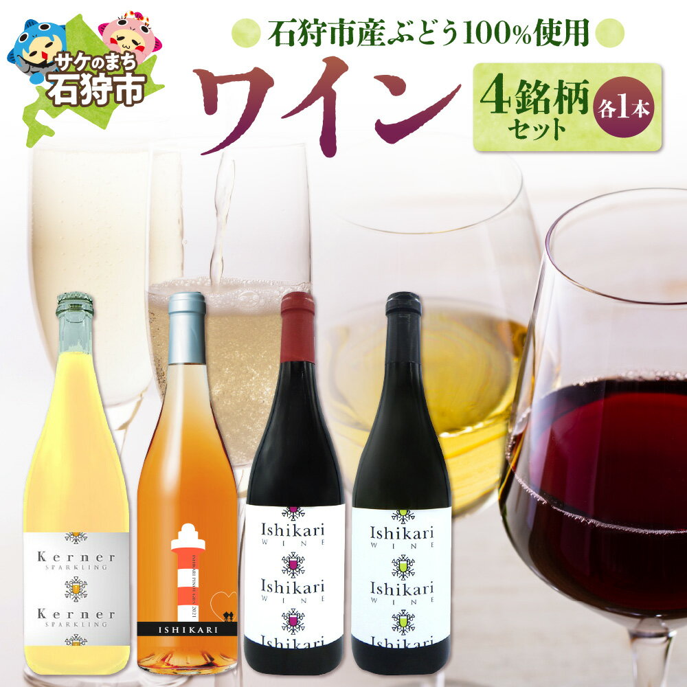 [レビューキャンペーン]ギフト お酒 ワイン 石狩市産ぶどうで作ったワイン4銘柄セット(各750ml) 4本 4種類 赤白 スパークリング デザイン 国産ワイン 北海道 北海道産 お酒 ワイン ロゼ 白 二種類 セット ご当地ワイン 人気[のし対応]