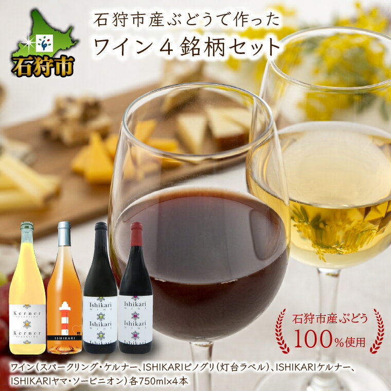 【ふるさと納税】ギフト お酒 ワイン石狩市産ぶどうで作ったワイン4銘柄セット(各750ml)4本 4種類 赤白 スパークリング 石狩灯台 デザイン 国産ワイン 北海道 北海道産 お酒 ワイン ワインセット ロゼ 白 二種類 セット ご当地ワイン 人気[のし対応]