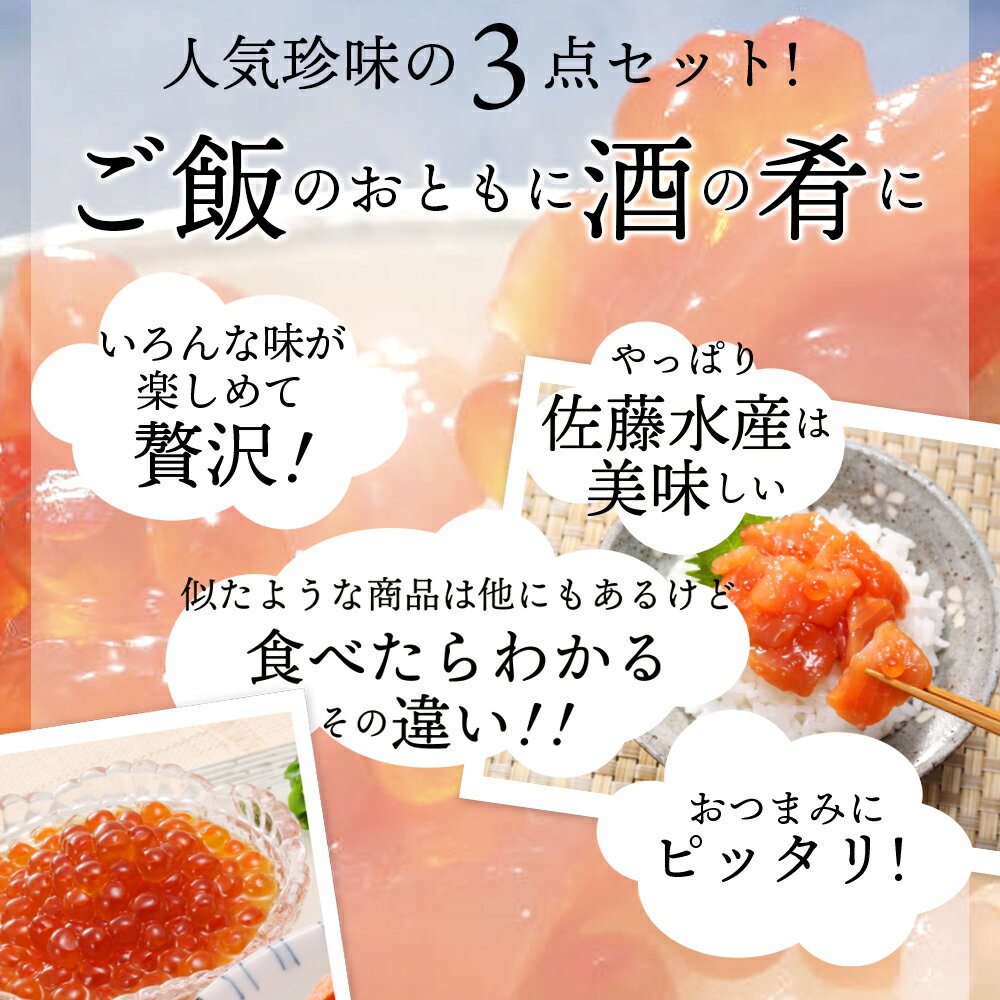 【ふるさと納税】【予約：令和4年10月〜】魚介 鮭 ギフト佐藤水産 潮合(SA)(いくら醤油漬・鮭ルイベ漬・ひとくち数の子松前)北海道 石狩市 いしかり サーモンファクトリー 鮭 サケ 松前漬け 松前漬 ルイベ いくら醤油漬 海産物（のし対応可）