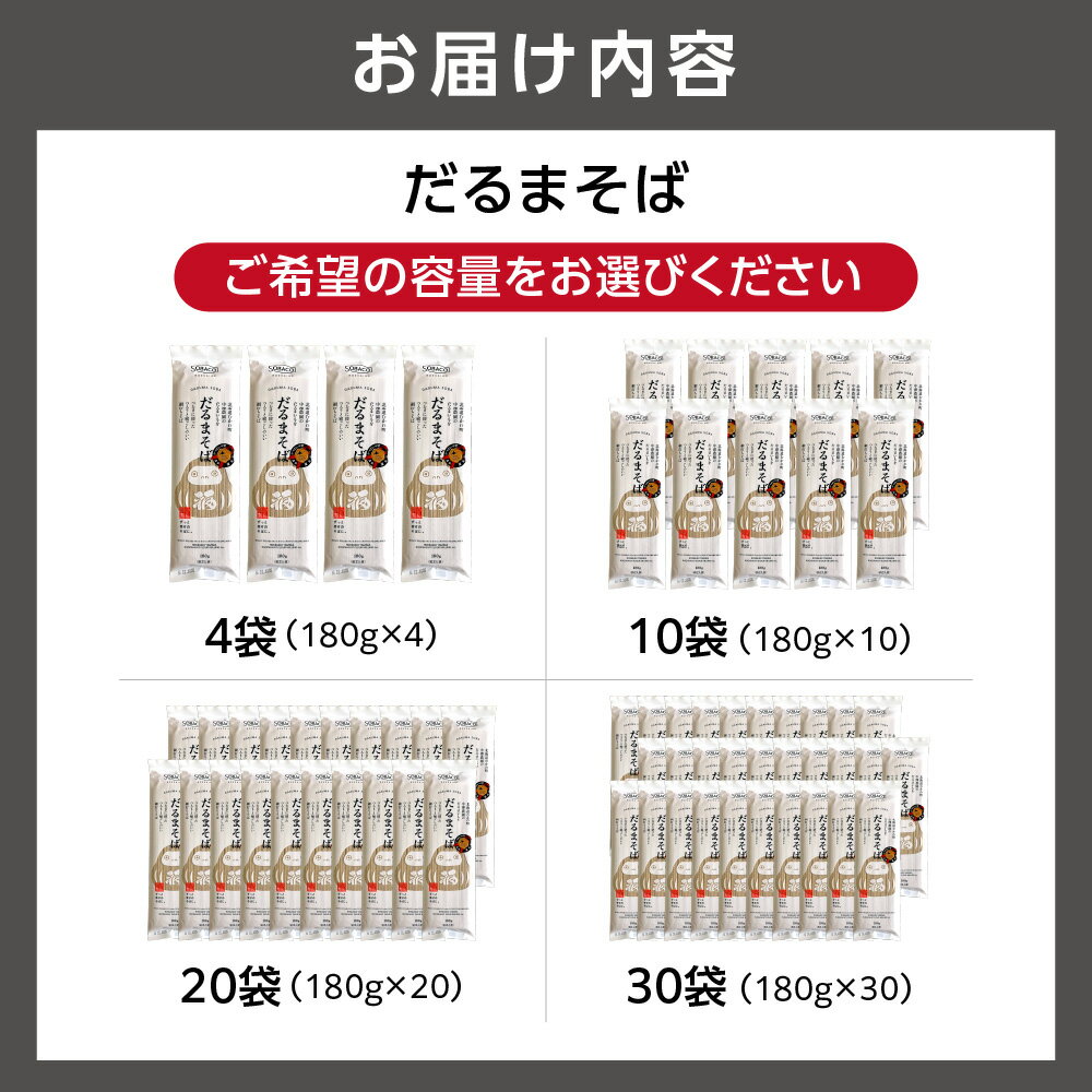 【ふるさと納税】 北海道産 そば粉 だるまそば 【 選べる 容量 】180g 4袋 10袋 20袋 30袋 北のハイグレード食品 2020選定 だるまいも 石臼挽き 細打ち 乾麺 常温保存 北海道 石狩市