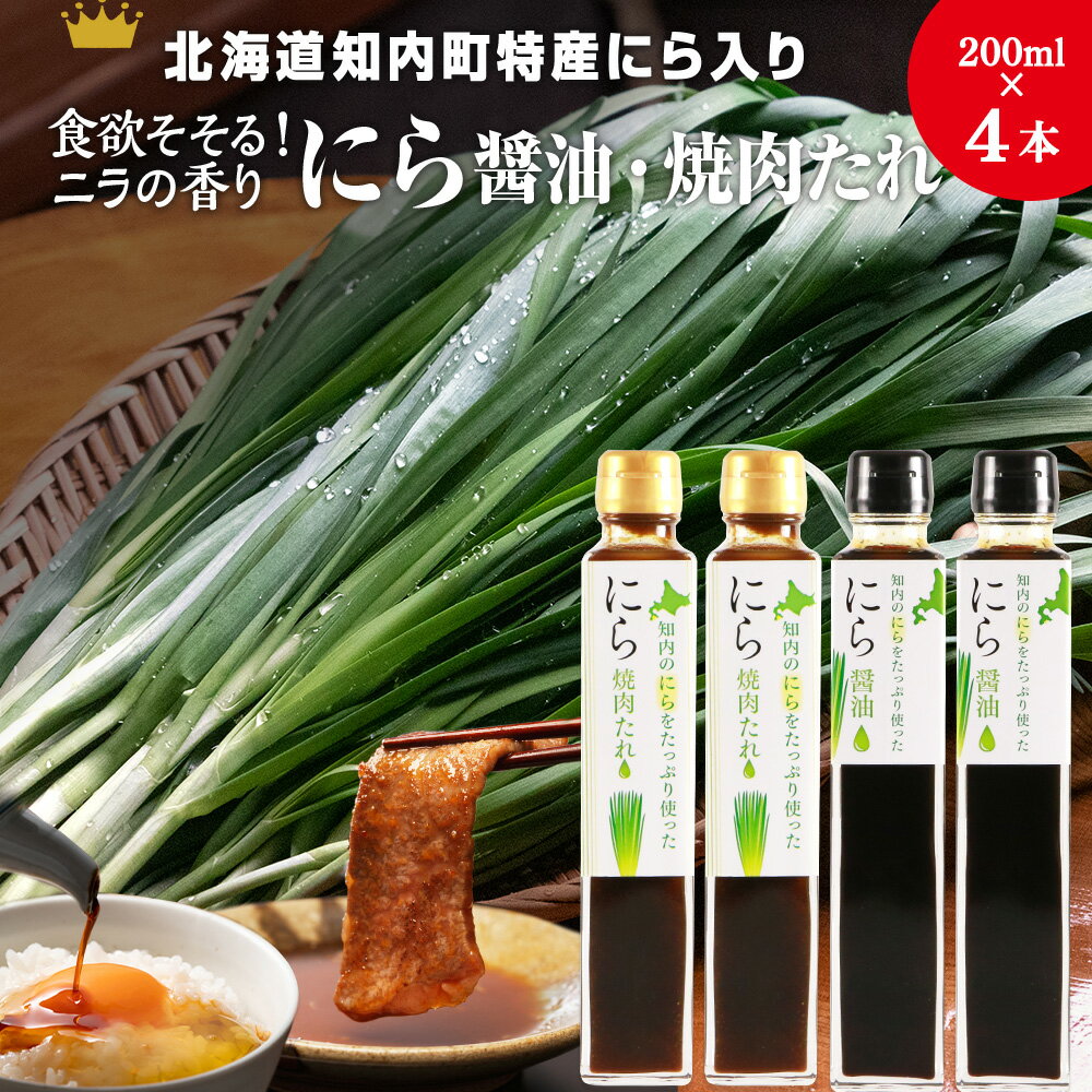 知内町特産☆にら入り醤油・焼肉のたれ 200ml×各2本《スリーエス》しょうゆ 醤油 調味料 たれ 焼肉 焼肉のたれ にら ニラ 特産品 北海道 知内 ふるさと納税