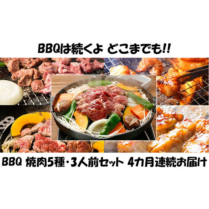 【ふるさと納税】【4カ月連続】ハッピー！BBQセット　～焼肉5種　3人前コース～　【定期便・お肉・牛肉・焼肉・バーベキュー・肉の加工品】