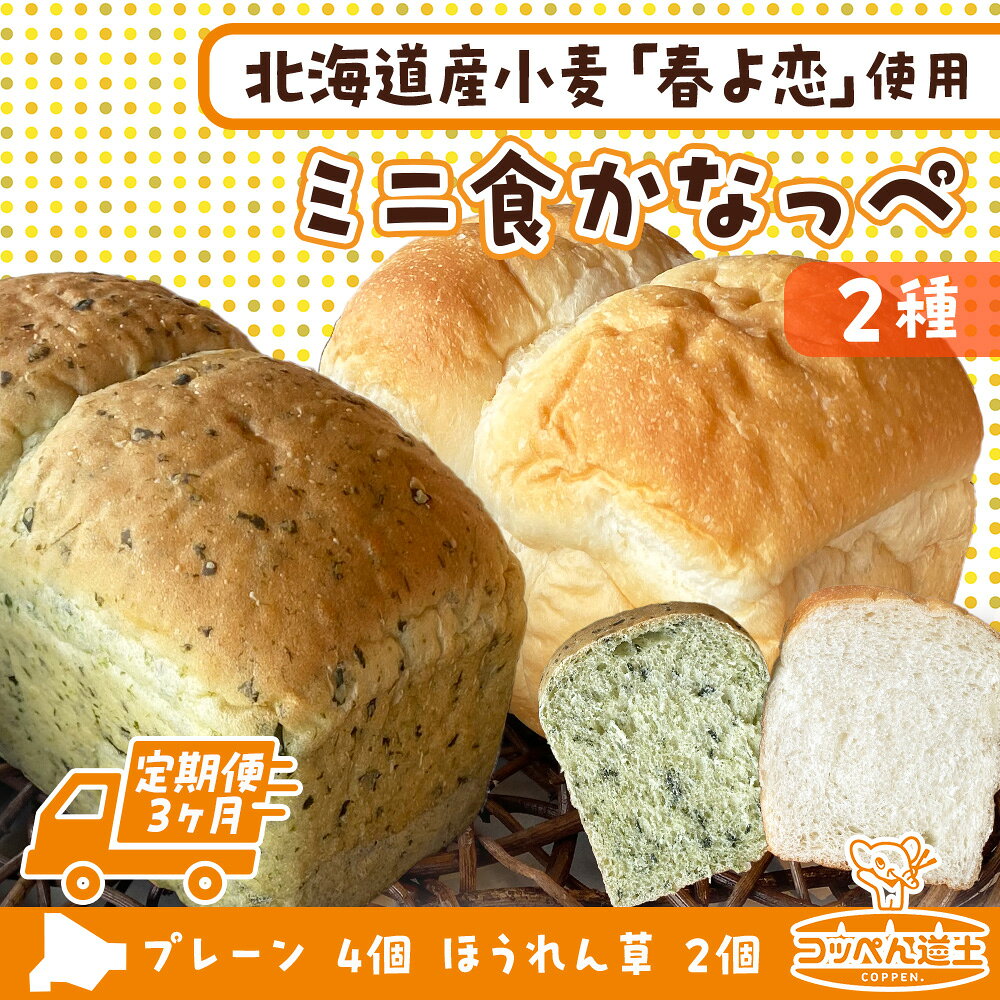 【ふるさと納税】定期便 3ヵ月 北海道 ミニ食かなっぺ 2種 セット プレーン 4個 ほうれん草 2個 北海道産 小麦 春よ恋 食パン パン トースト カナッペ 手作り 自家製 焼きたて 酵母 ベーカリー 朝食 手軽 冷凍 お取り寄せ ギフト 送料無料 木古内 木古内町