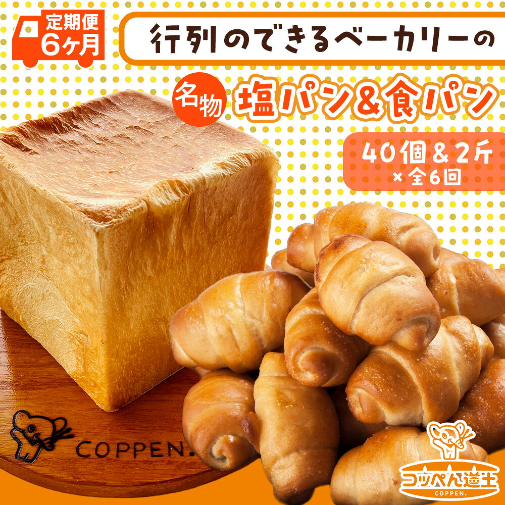【ふるさと納税】定期便 全6回 北海道 パン 2種 詰合せ 塩パン 40個 食パン 2斤 北海道産 小麦 トースト 手作り 自家製 焼きたて ベーカリー 朝食 朝ごはん 軽食 モーニング 冷凍 お取り寄せ 食べ比べ 人気 行列 ギフト 贈答用 送料無料 木古内 パン 食パン