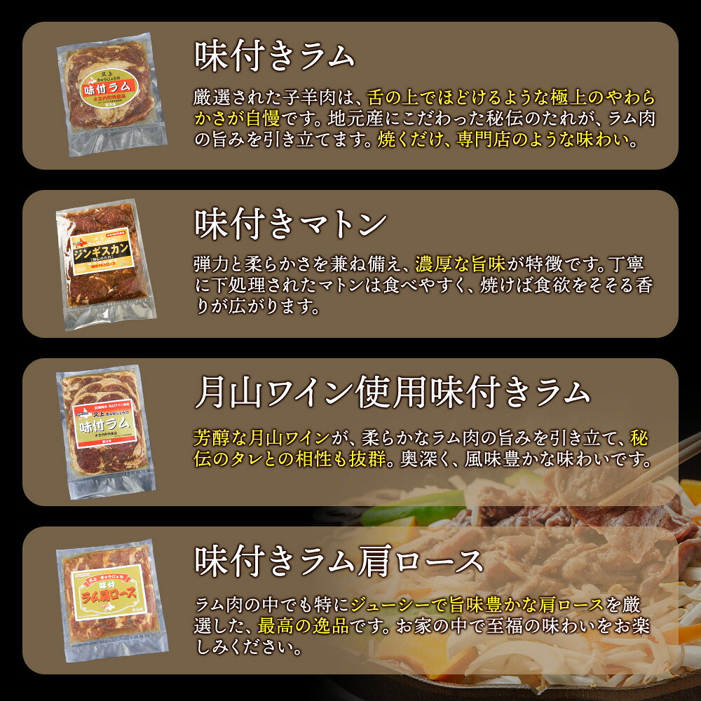 【ふるさと納税】 定期便 6ヵ月連続6回 ラム肉 味付き 4種 セット 各1 北海道 羊肉 ジンギスカン ラム マトン 肩ロース 月山ワイン 仔羊 ひつじ たれ お肉 焼肉 BBQ バーベキュー ジビエ 冷凍 お取り寄せ ご当地 グルメ ギフト 久上工藤商店 BBQ f013340-kikonai-10000092 北海道木古内町 サンプル画像3