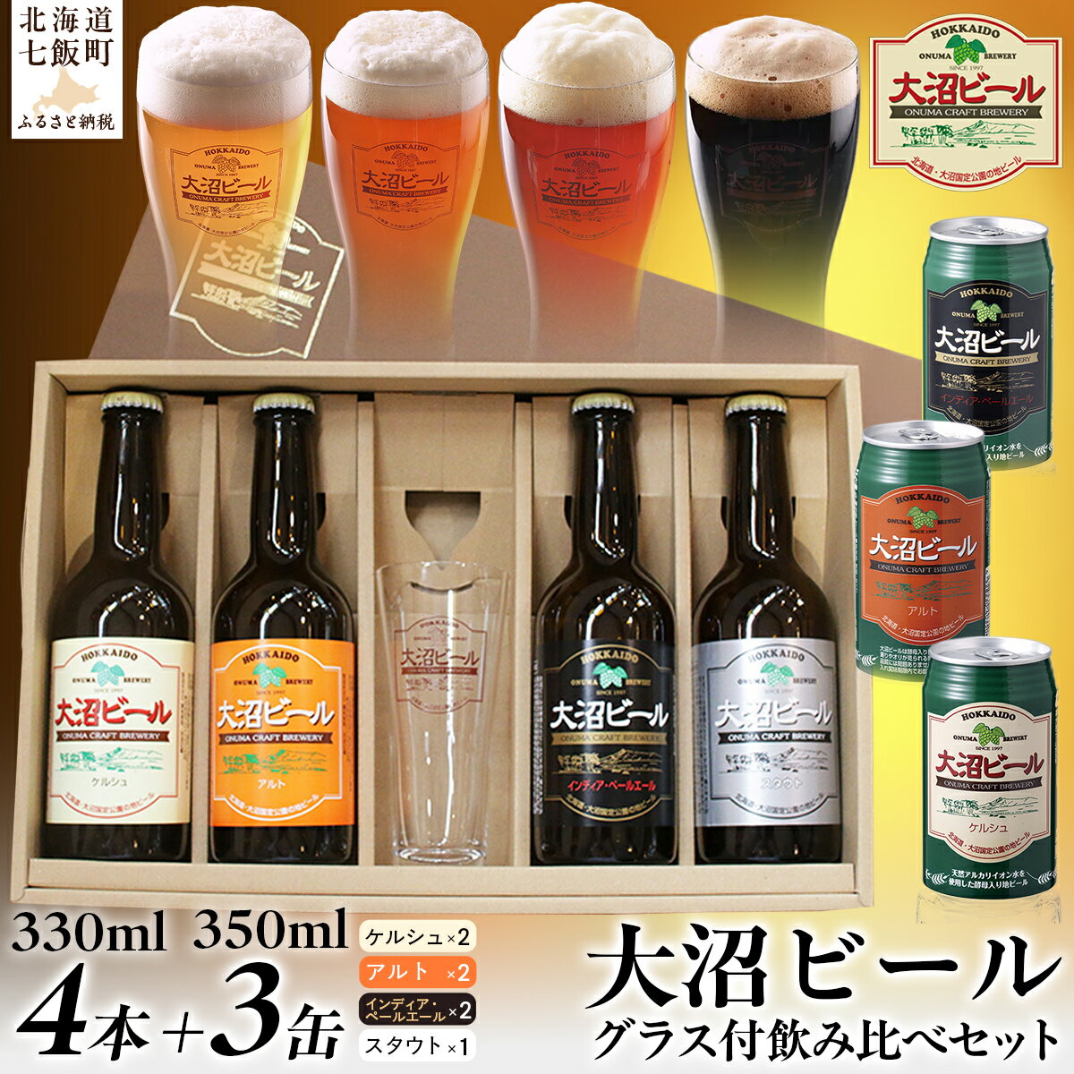【ふるさと納税】大沼ビールグラスセット (330ml4種各1本+グラス+350ml3種各1缶) 飲み比べ 大沼ビール アルカリイオン水 ビール 麦酒 お酒 麦芽 ホップ ギフト セット アルコール 飲み比べ NAH009