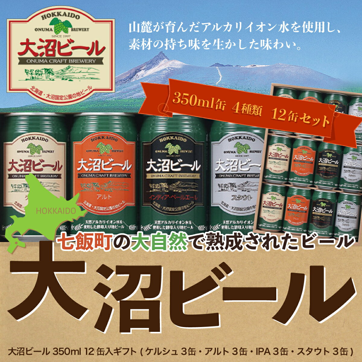 【ふるさと納税】【金賞受賞】大沼ビール350ml 12本入 ギフトセット （ケルシュ3缶・アルト3缶・IPA3缶・スタウト3缶） 飲み比べ 大沼ビール アルカリイオン水 ビール 麦酒 お酒 麦芽 ホップ ギフト セット アルコール NAH001