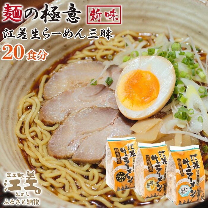 【ふるさと納税】麺の極意!江差生ラーメン三昧新味セット(10袋計20食分)江差ブラック鶏塩しじみ塩老舗製麺所がつくる人気の生麺もちもち食感ちぢれ麺