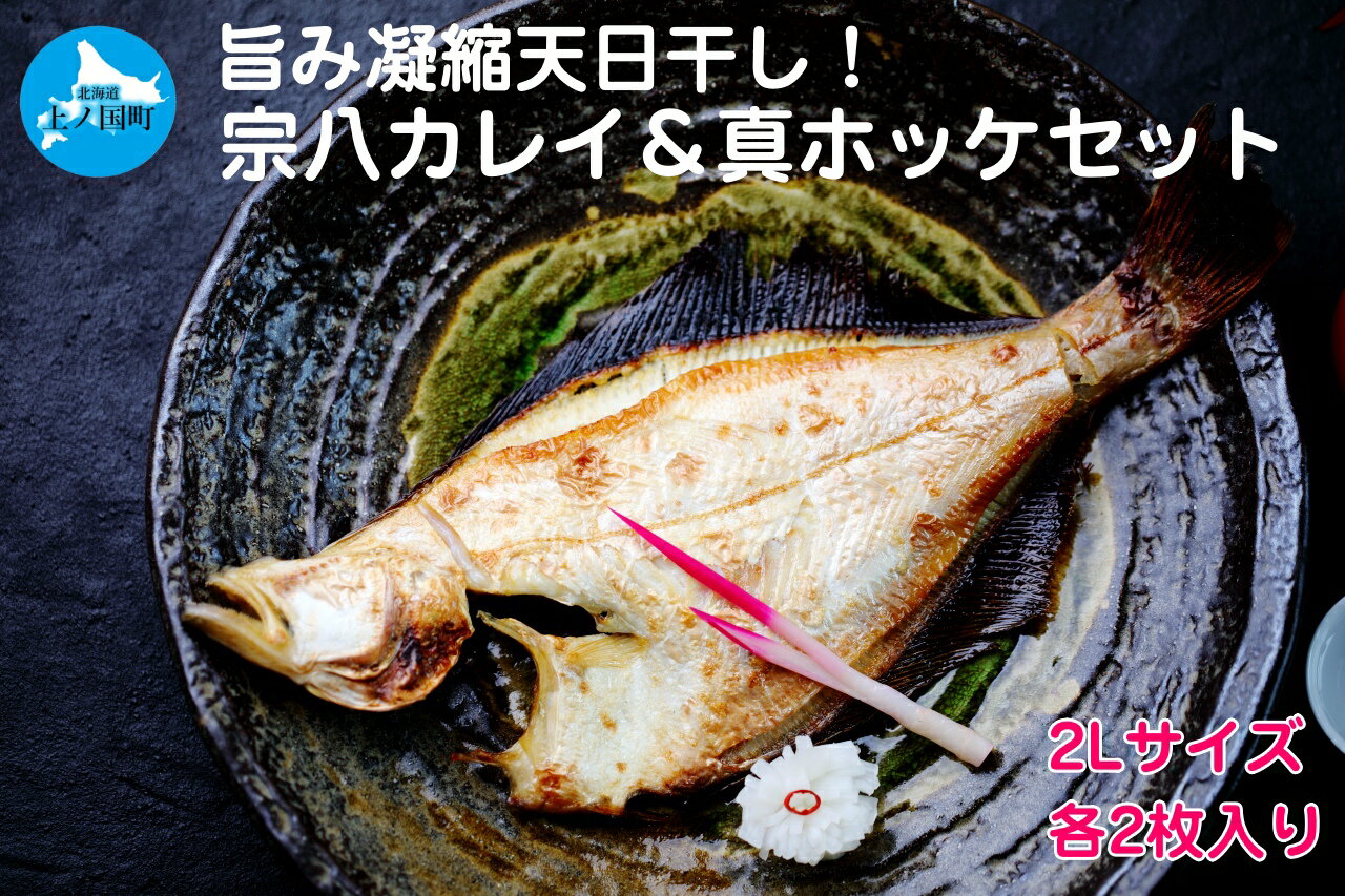 [緊急支援品]北海道産 上ノ国町 旨味が凝縮!天日干し宗八カレイ&真ホッケセット(2Lサイズ×各2枚) 海鮮 加工品 ホッケ ホッケ開き かれい カレイ開き