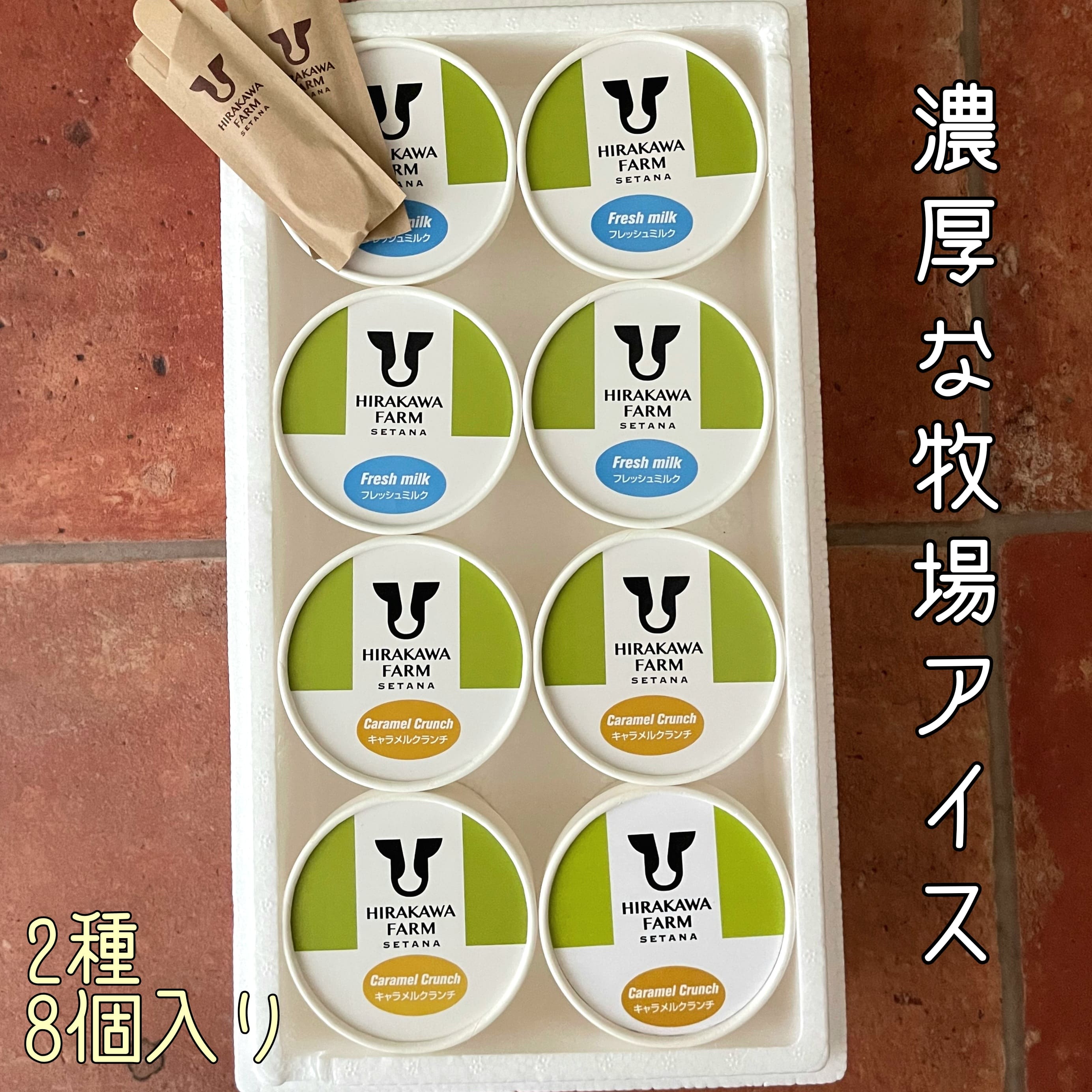 [北海道産 搾りたて生乳使用]ひらかわ牧場 アイスクリーム おすすめ2種8個セット フレッシュミルク キャラメルクランチ デザート スイーツ お取り寄せ ギフト せたな町