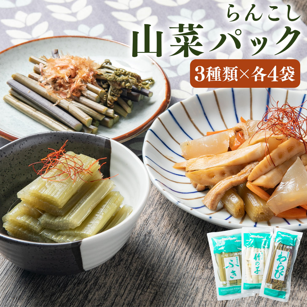 商品詳細 名称 らんこし山菜パック 産地 北海道産 内容量 ・ふき：150g×4パック ・竹の子：120g×4パック ・わらび：150g×4パック 賞味期限 約2カ月 開封後はお早めにお召し上がりください。 保存方法 要冷蔵（10℃以下） 提供者 蘭越町地場産業振興加工センター 商品説明 北海道の豊かな大地で採れた山菜を無添加・無着色で水煮にしました。煮物などにお使いください。 ※保存料・調味料が不使用の為、無添加と表記しております。 地場産品に該当する理由 区域内で生産された山菜であるため(告示第5条第1号に該当) ・ふるさと納税よくある質問はこちら ・寄附申込みのキャンセル、返礼品の変更・返品はできません。あらかじめご了承ください。寄附金の使い道について 「ふるさと納税」寄附金は、下記の事業を推進する資金として活用してまいります。 寄附を希望される皆さまの想いでお選びください。 (1)水源のかん養や国土の保全等に資する森林資源の整備に関する事業 (2)地域福祉の推進に関する事業 (3)地域産業の振興に関する事業 (4)子どもたちの育成を支援する事業 (5)蘭越町花一会図書館の蔵書を充実する事業 (6)その他まちづくりに資する事業 受領申請書及びワンストップ特例申請書について 入金確認後、注文内容確認画面の【注文者情報】に記載の住所にお送りいたします。 発送の時期は、寄附確認後2ヵ月以内をを目途に、お礼の特産品とは別にお送りいたします。