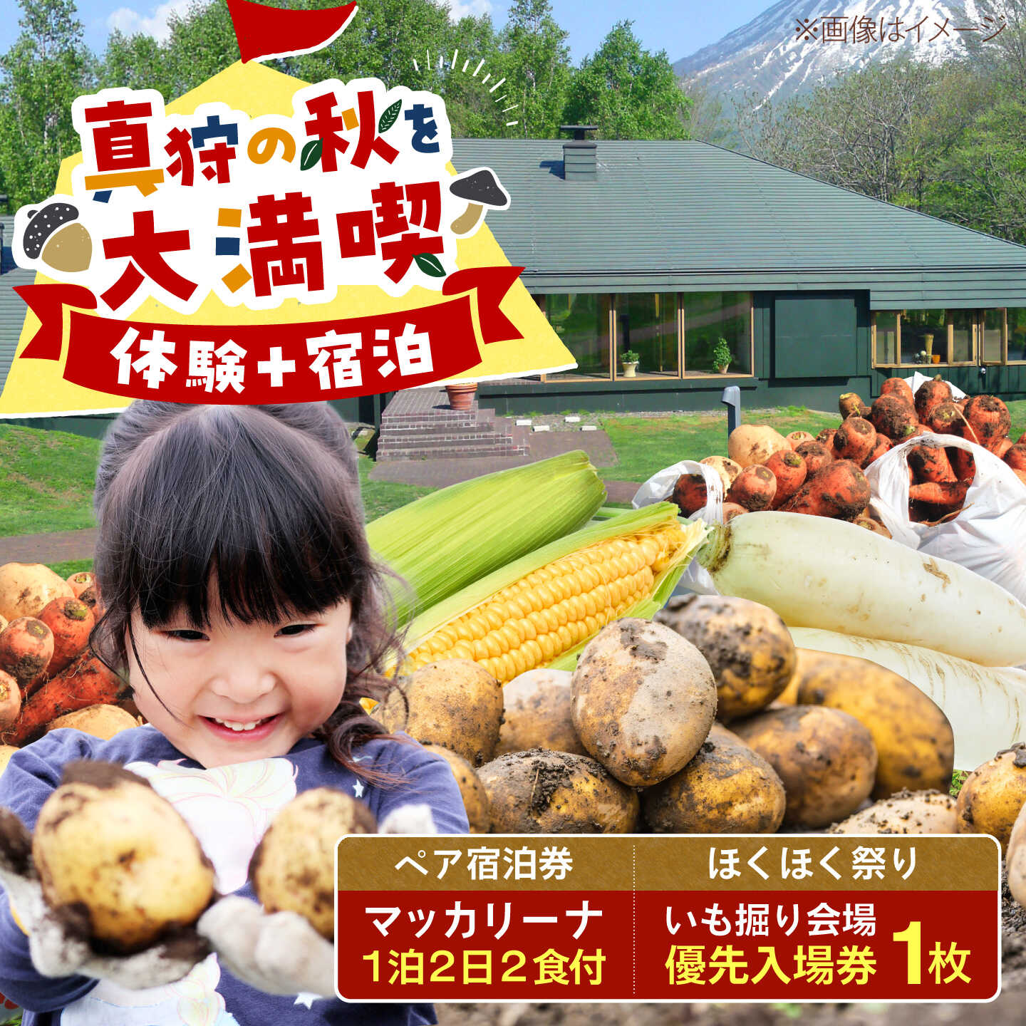 【北海道外の方限定】≪ほくほく祭りinまっかり≫ 真狩村を大満喫！ いも掘り会場優先入場券付き マッカリーナ ペア宿泊券 1枚（2名様分 ／ 1泊2日2食付・送迎付）| 宿泊 宿泊券 体験 観光 北海道 ほくほく祭り | 真狩村[BPAK004]