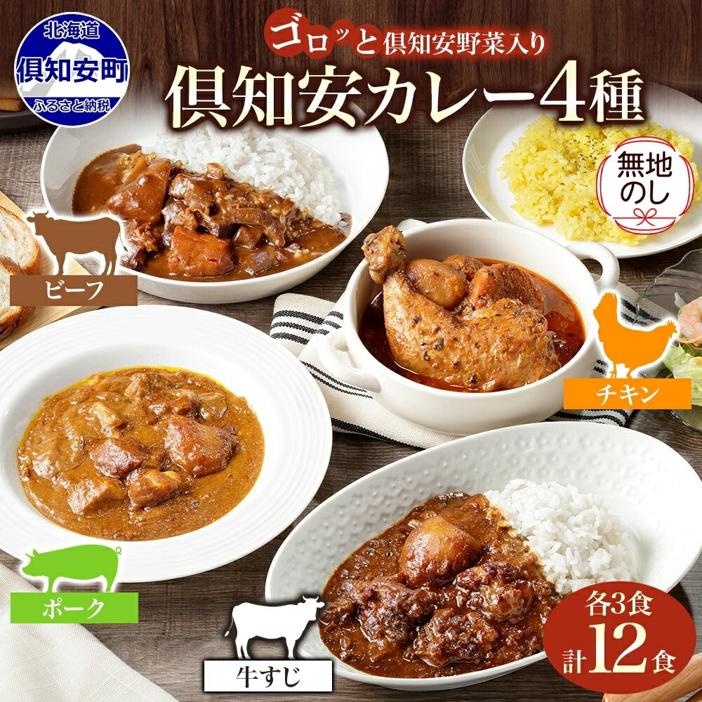 無地熨斗 北海道 倶知安 カレー 4種 食べ比べ 計12食 スープカレー ビーフカレー ポークカレー 牛すじカレー 中辛 じゃがいも 牛肉 豚肉 鶏 ビーフ ポーク 牛すじ チキン レトルトカレー グルメ お取り寄せ ギフト のし 熨斗 名入れ不可 送料無料 倶知安町