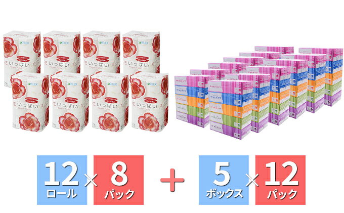 【ふるさと納税】人気商品コラボセット 花いっぱいトイレットペーパー 96ロール＆BOXティッシュ 60箱　【定期便・雑貨・日用品・トイレットペーパー・花柄・香り・プリント・ティッシュ・ティッシュペーパー・セット】