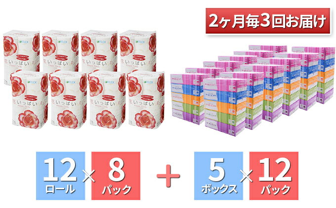 【ふるさと納税】＜2ヶ月毎3回お届け定期便＞人気商品コラボセット 花いっぱいトイレットペーパー96ロール＆BOXティッシュ 60箱　【定期便・雑貨・日用品・トイレットペーパー・花柄・プリント・ティッシュ・ティッシュペーパー・セット】